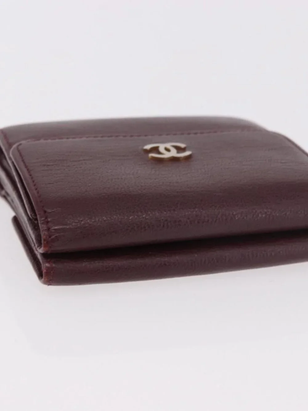 CHANEL Trifold Wallet Leather Bordeaux Gold CC Auth bs35714